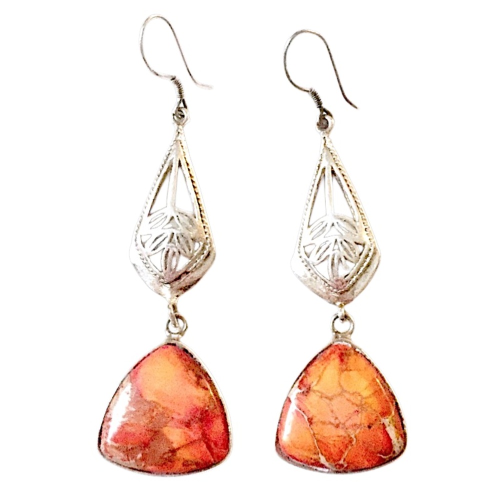 Sterling silver orange stone dangle earrings 925